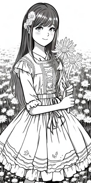 女の子がバラの花を手に持つ輪郭線画漫画 2d キャラクター ライン アート白黒