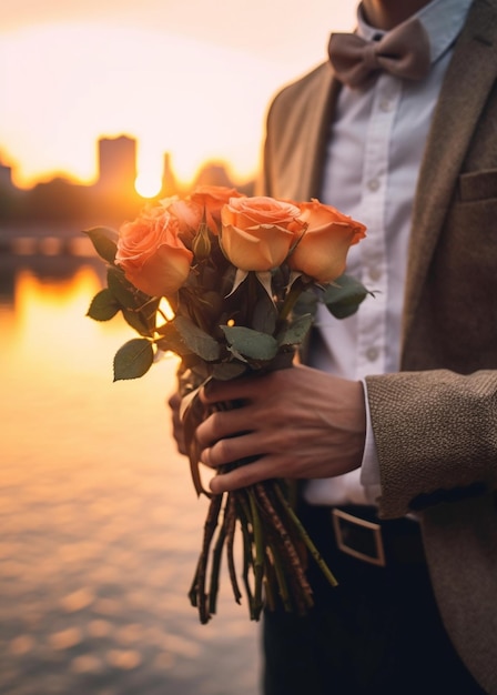 Photo girl hold wedding boutonniere of orange roses to the man to the groom gray backgroun generative ai