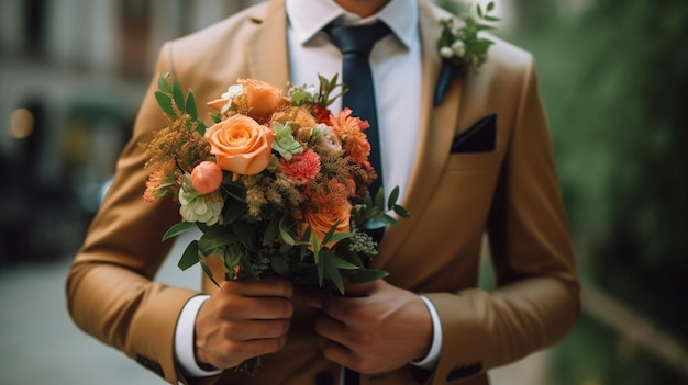 Girl hold wedding boutonniere of orange roses to the man to the groom gray backgroun Generative AI