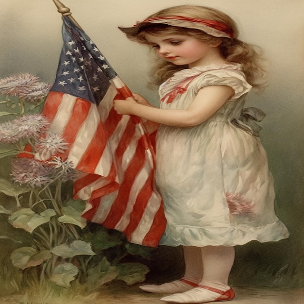 A girl holding an american flag and a hat