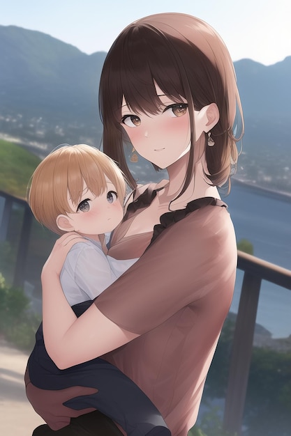 A girl holding a baby and a girl with a city in the background