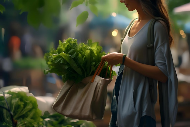 Girl holding a bag full of fresh green vegetables