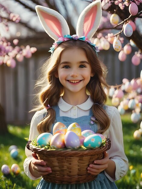 A girl holding a basket of easter eggs with bunny ears