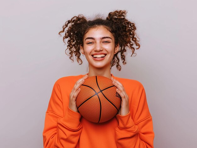 a girl holding a basketball with the word quot on it quot