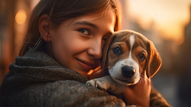 A girl holding a beagle puppy in her arms