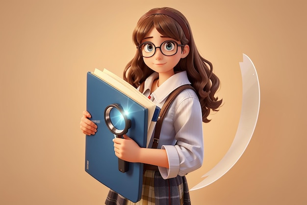 Girl holding big book and magnifying glass