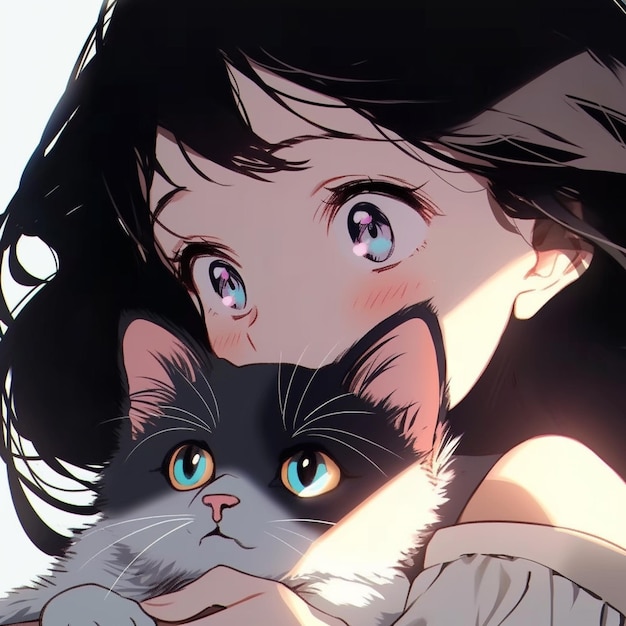 A girl holding a black cat in her arms.