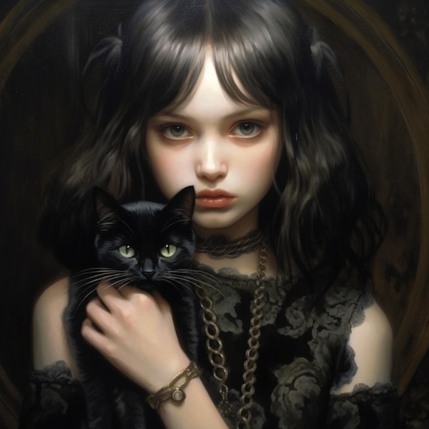 a girl holding a black cat with a gold chain around her neck.