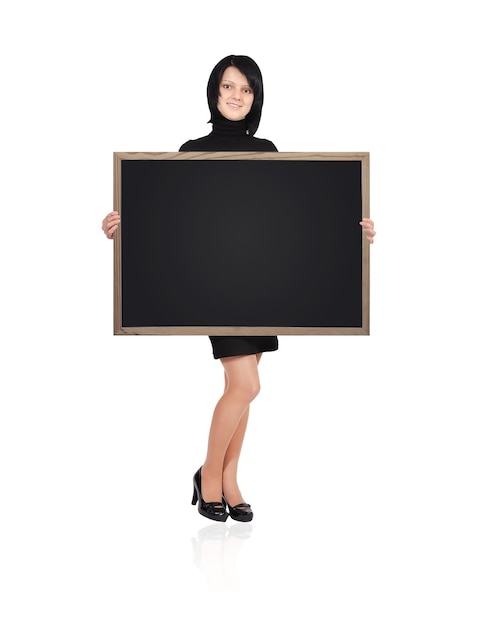 Girl holding a blackboard on a white background