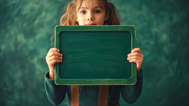 girl holding blank green chalkboard on green background