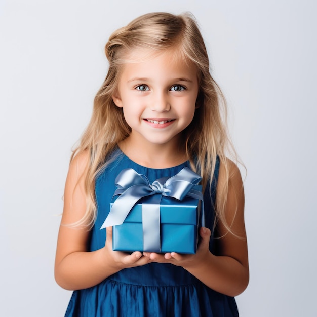 a girl holding a blue gift with a blue ribbon in her hand.