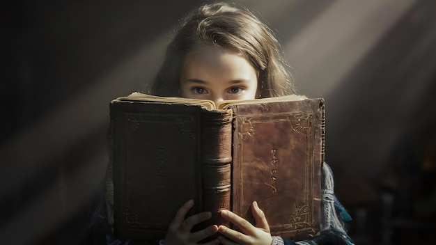 Girl holding book in front of face