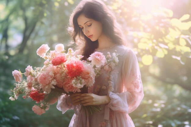 A girl holding a bouquet of flowers in a forest