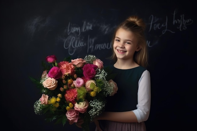 A girl holding a bouquet of flowers in front of a chalkboard