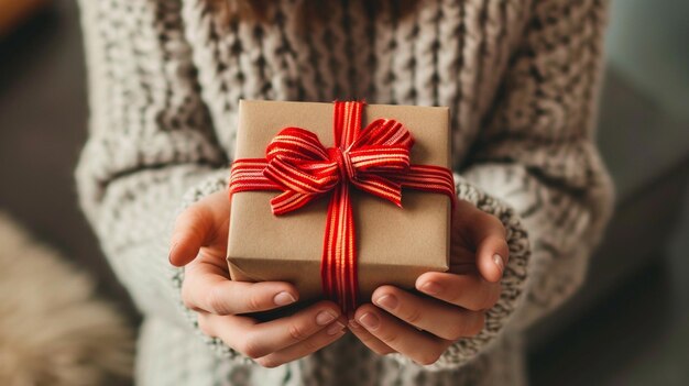 girl holding a box with a gift in her hands selective focus Generative AI