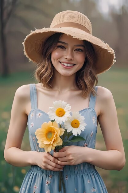 a girl holding a bunch of flowers