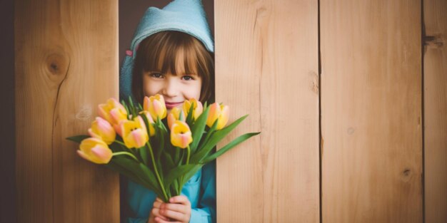 A girl holding a bunch of tulips