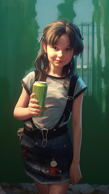 レモネードを飲むティーンエイジャーのアートワークスタイルの肖像画を掲げている女の子