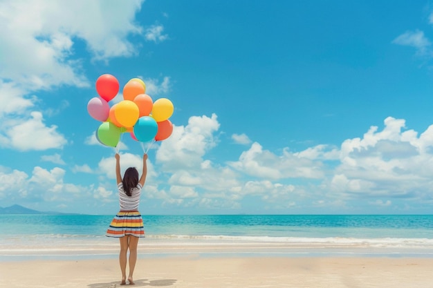 A girl holding a cloud of colorful balloons on a sunny beach