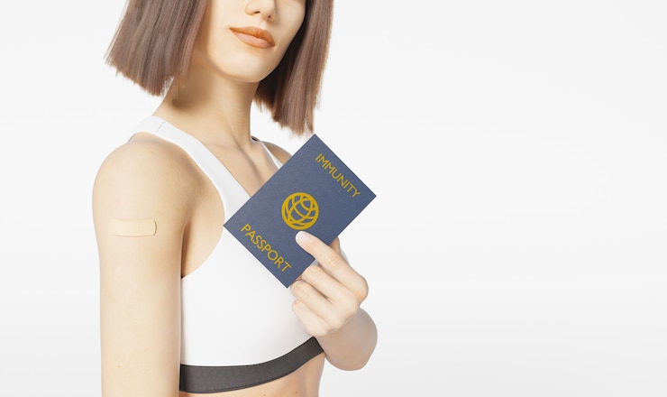 Photo girl holding coronavirus immunity passport with band-aid put on her arm