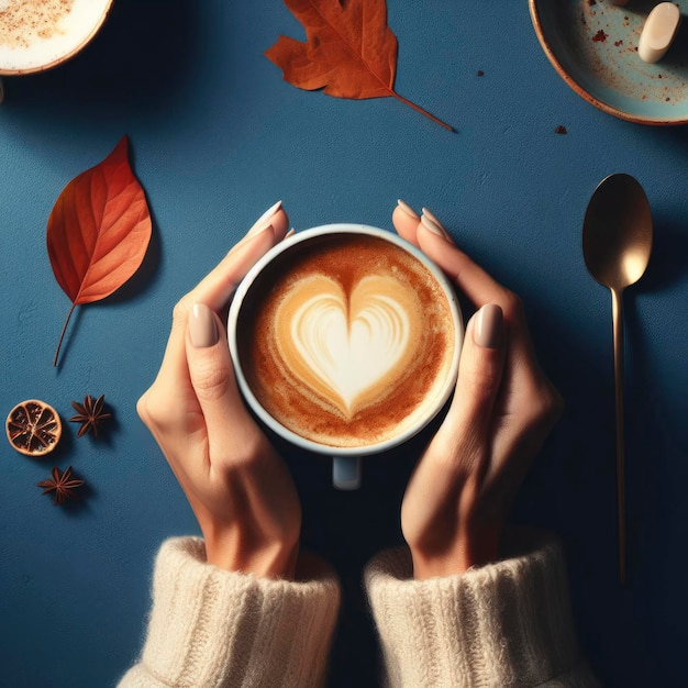 girl holding a cup of cappuccino in her hands in autumn ai generative