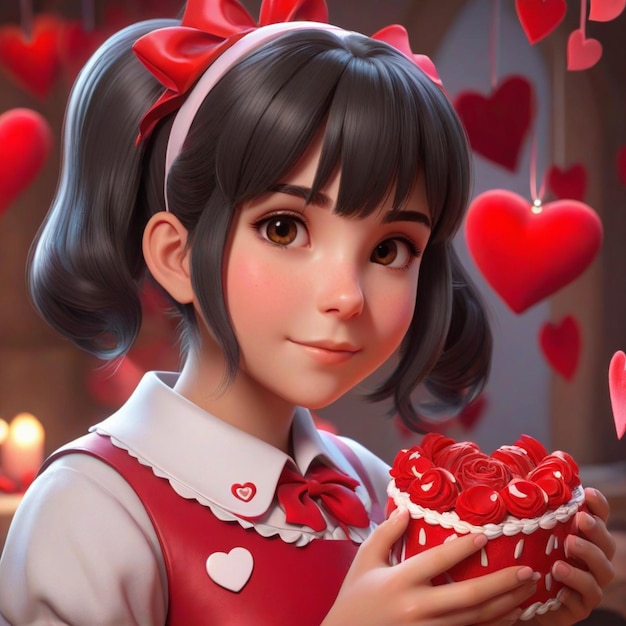 Photo a girl holding a cupcake with hearts in the background