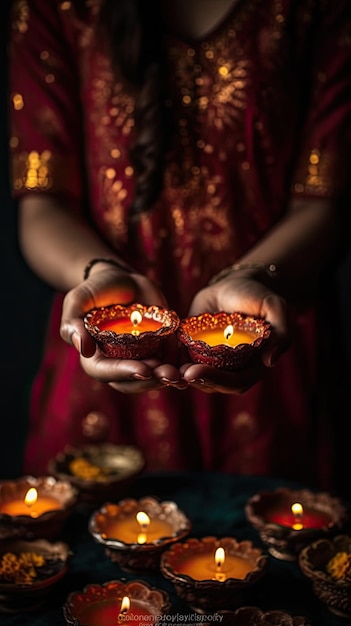 A girl holding a diya candle in her hands