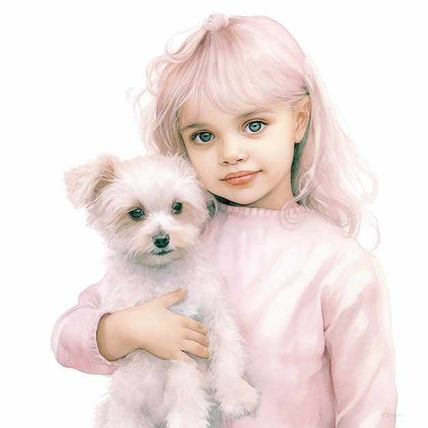 "개"라고 적힌 분홍색 스웨터를 입고 개를 안고 있는 소녀.