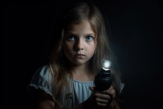 A girl holding a flashlight with the word light on it