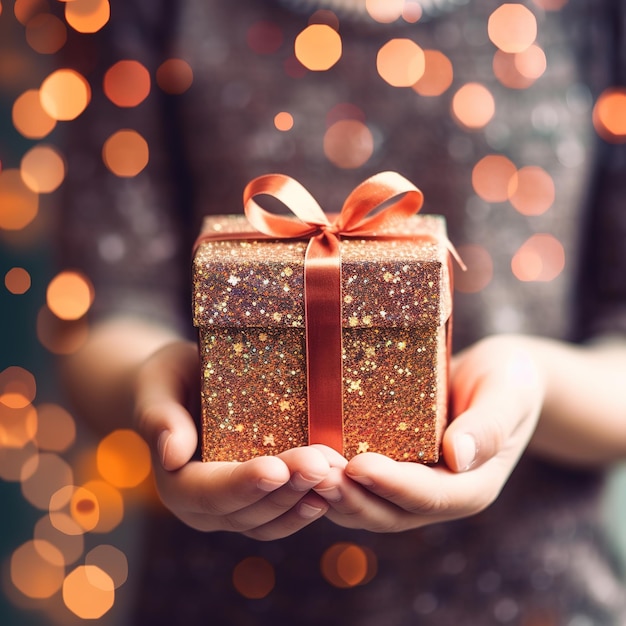 A girl holding a gift box with a red ribbon on it