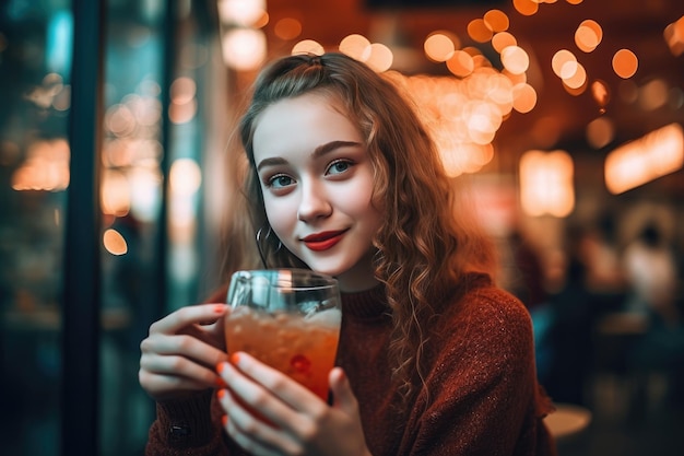 A girl holding a glass of alcohol in front of a bar.