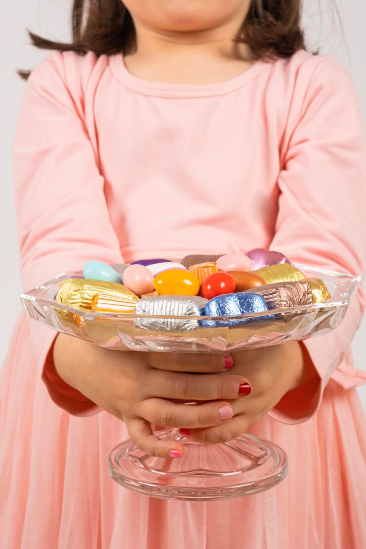 Photo a girl holding a glass bowl of candy and a candy bar.