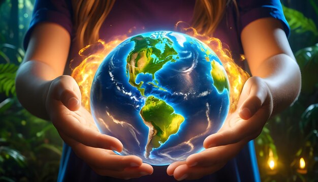 Girl holding globe in hands with forest background wallpaper