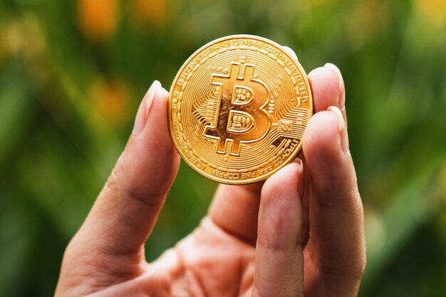 공원에서 황금 Bitcoin 동전을 들고 소녀 Cryptocurrency 동전 금융 시장