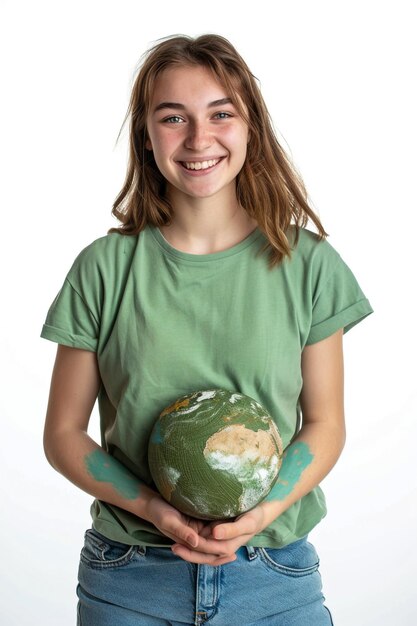 Foto una ragazza che tiene un pianeta verde nelle sue mani