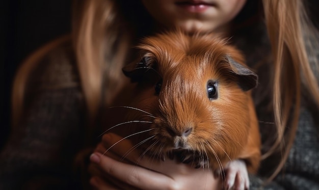 A girl holding a guinea pig in her hands generative AI