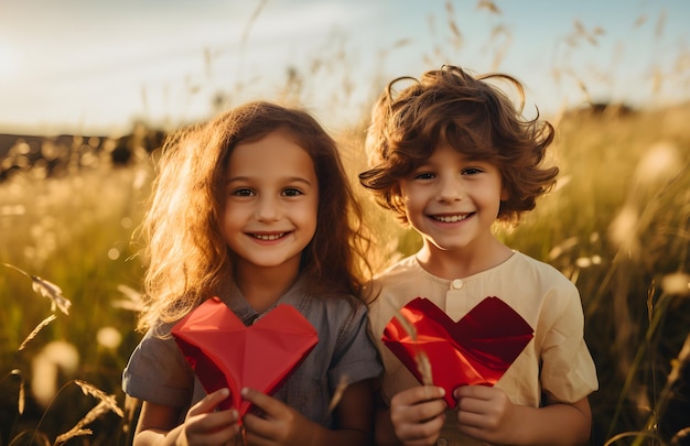 Photo girl holding a heart together greeting card for valentines day family day love