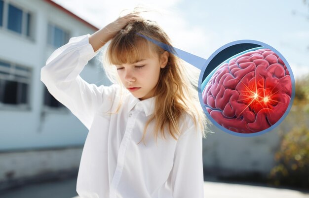 Photo girl holding her hand behind her head experiencing a migraine