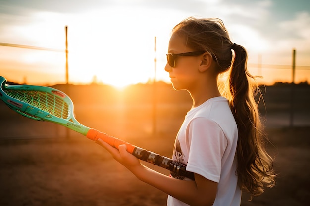 Foto ragazza con un bastone di caramelle in attesa di giocare al tramonto