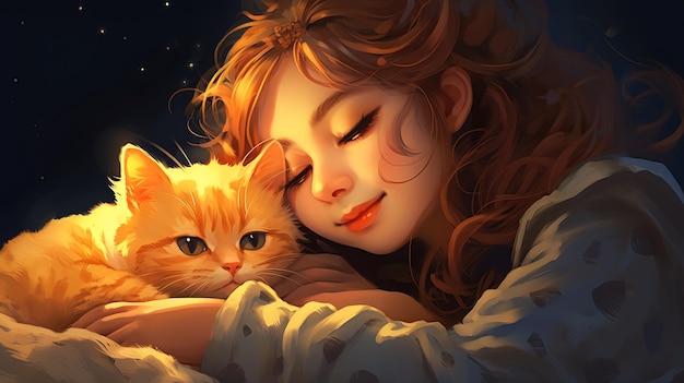 girl holding kitty cat kitten arms smiling eyes shone bright night peaceful looking animals