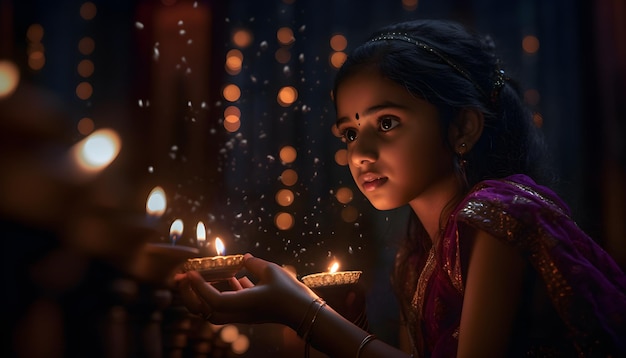 A girl holding a lamp with the word diwali on it