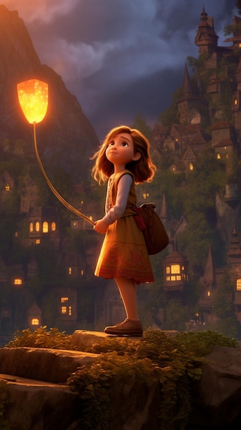 A girl holding a lantern in front of a city at night