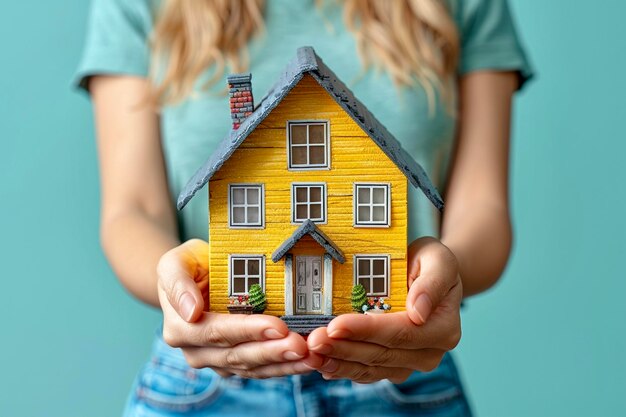 Photo girl holding a model of a twostorey yellow wooden house in her hands