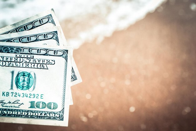 Girl holding money bill of dollars on background of sea ocean waves with white foam and sand wet bea