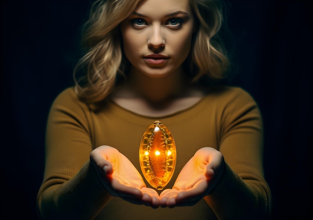 Foto ragazza che tiene una capsula omega3 nelle sue mani