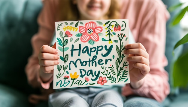 Photo a girl holding a piece of paper that says happy mothers day