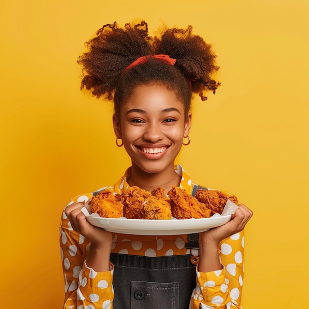 a girl holding a plate of food with a yellow background