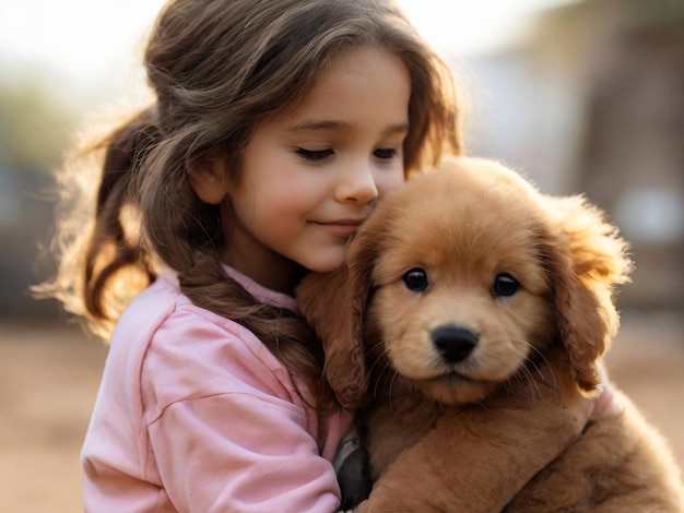 a girl holding a puppy with a sweater on her chest