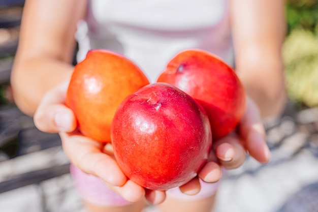 Photo girl holding a ripe red peach in her hand.