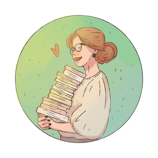 A girl holding a stack of books